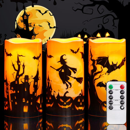 Homemory Halloween Candles, Orange Flameless Candles, Outrdoor Waterproof Battery Operated LED Pillar Candles with Remote Timers for Halloween Decoration, 3”x6”, Set of 3