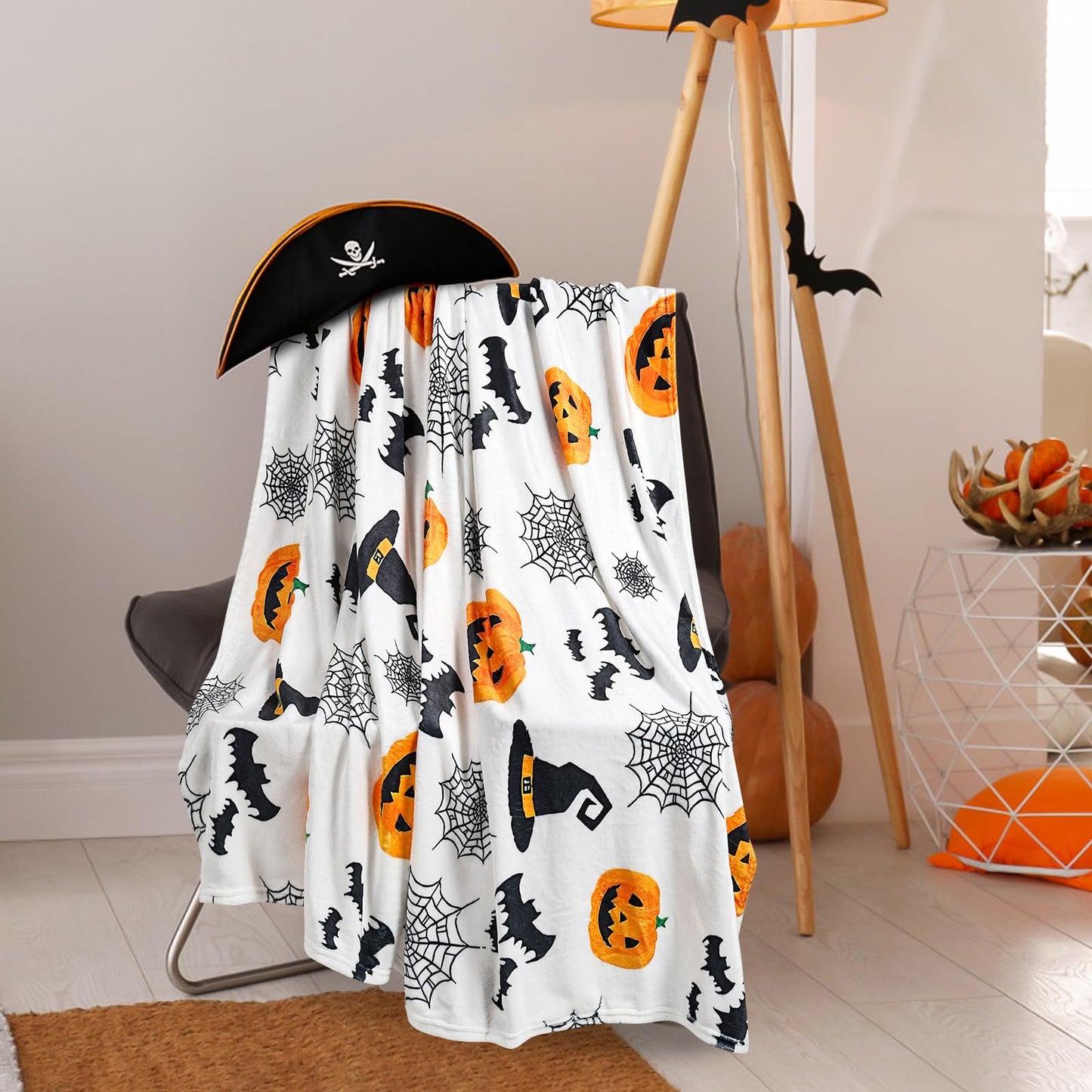Halloween Throw Blanket - Cute Halloween Blanket & Fall Throw Blanket 50x60 Inch - Soft Flannel Cozy Blanket with Pumpkin, Spider Web, Witch Hat Design for Christmas, Thanksgiving