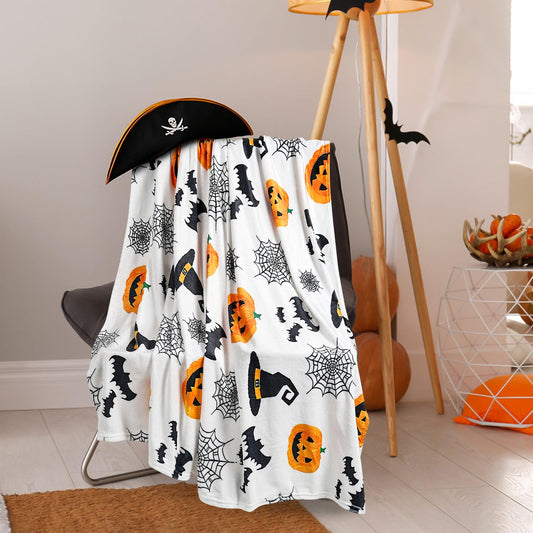 Halloween Throw Blanket - Cute Halloween Blanket & Fall Throw Blanket 50x60 Inch - Soft Flannel Cozy Blanket with Pumpkin, Spider Web, Witch Hat Design for Christmas, Thanksgiving