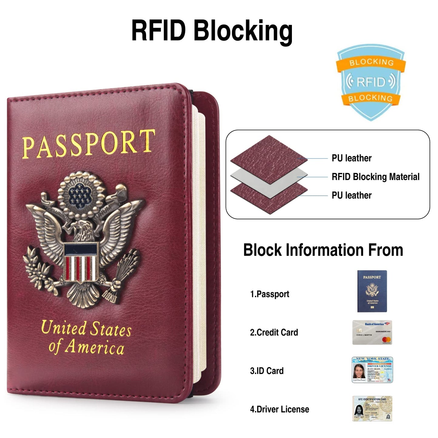 FACATH Passport Holder for Travel Passport Cover for Men Passport Wallet Case With 3D Metal Badge Protector Leather Card Case RFID Blocking Women Travel Accessories Document Organizer (Wine Red)