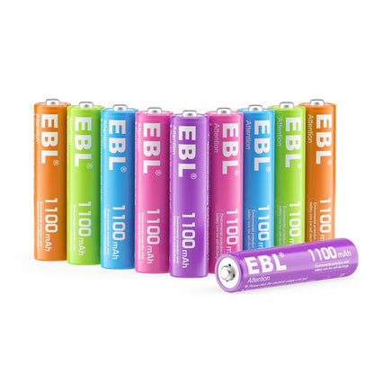 EBL Rechargeable AAA Batteries 10 Pack High Capacity 1100mAh (10 Pack- 2 * 5 Color in One Box) 1.2V Ni-Mh Triple AAA Battery ProCyco Technology