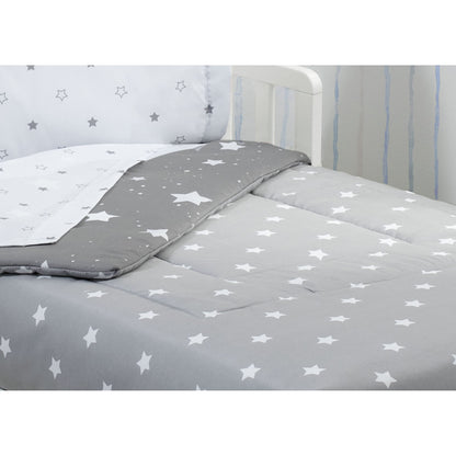 Delta 4-Piece Reversible Toddler Bedding Set - Fitted Sheet, Top Sheet, Pillowcase, 2-in-1 Comforter - For Boys, Dusty Skies & Grey Stars
