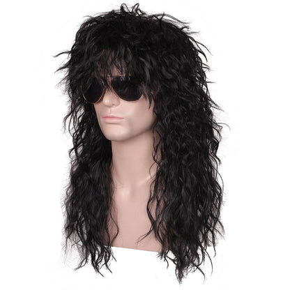 FantaLook Mens 80S Long Curly Black Rocker Costume Wig