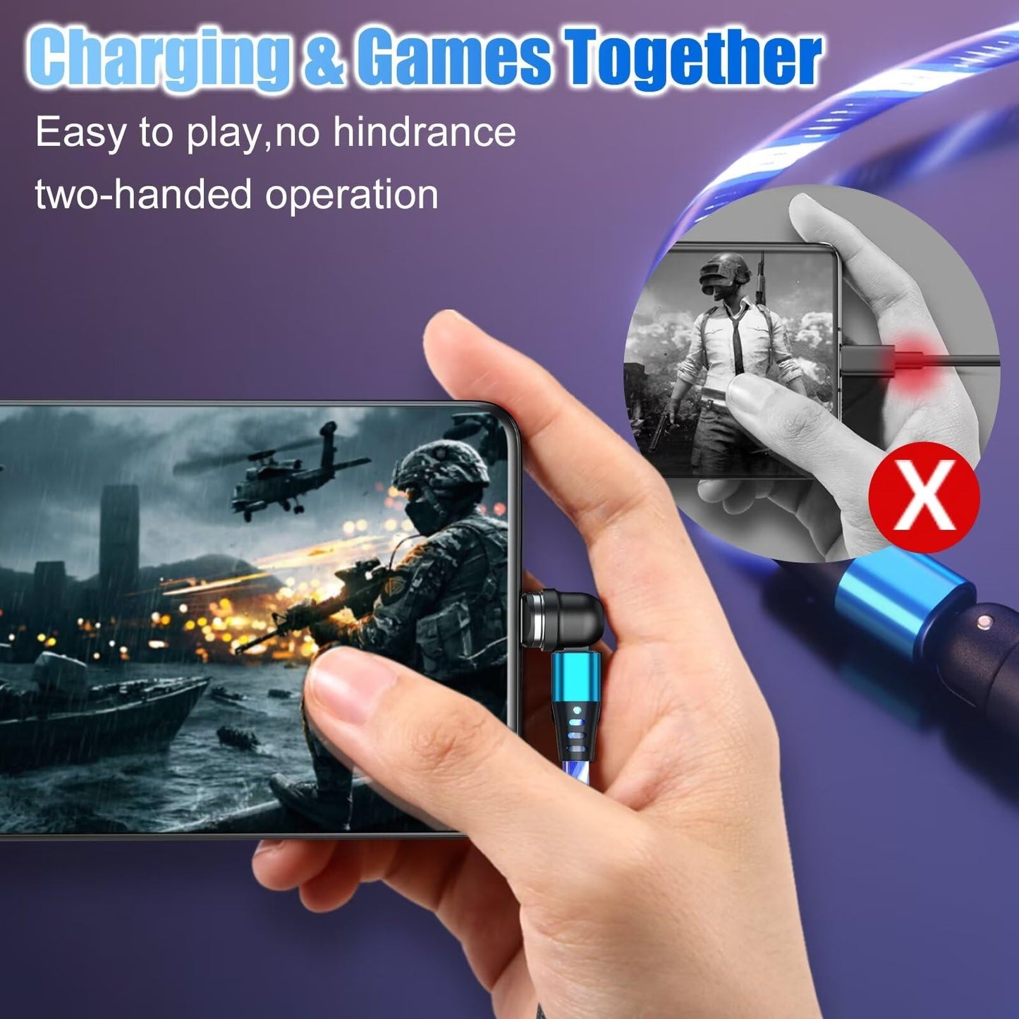 EndlesShine Magnetic Charging Cable (3Pack 3 3/6 6/6 6FT) 180° & 360° Rotation Removable 3 in 1 1PINCharge Cable Micro USB iProduct Device LED Light Magnet Android Charger Type C Cable (Blue)