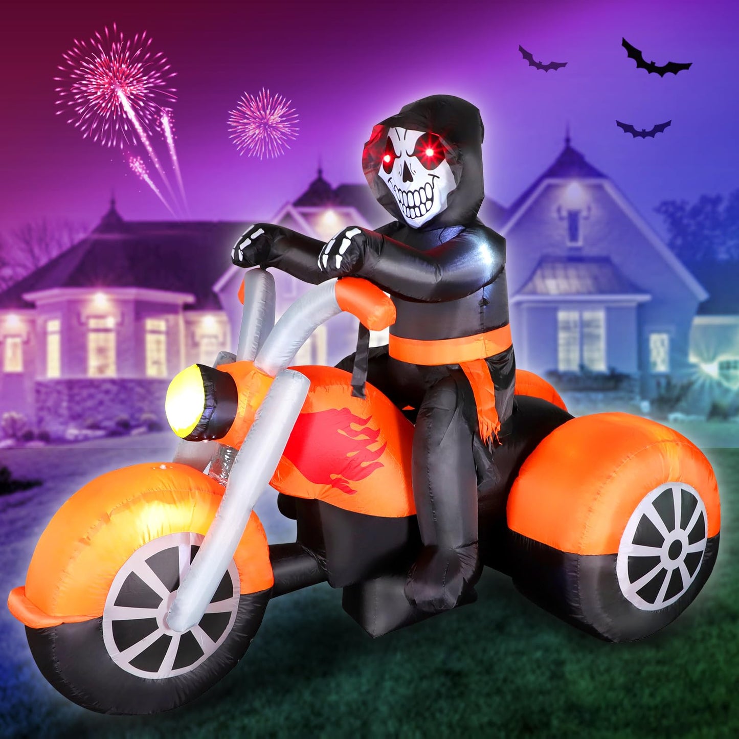 6 FT Halloween Inflatable Skeleton Ghost Riding on Motorcycle Bike, Blow Up Outdoor Decoration Clearance with Built-in LED Lights for Yard Garden Lawn Home Party Decorations