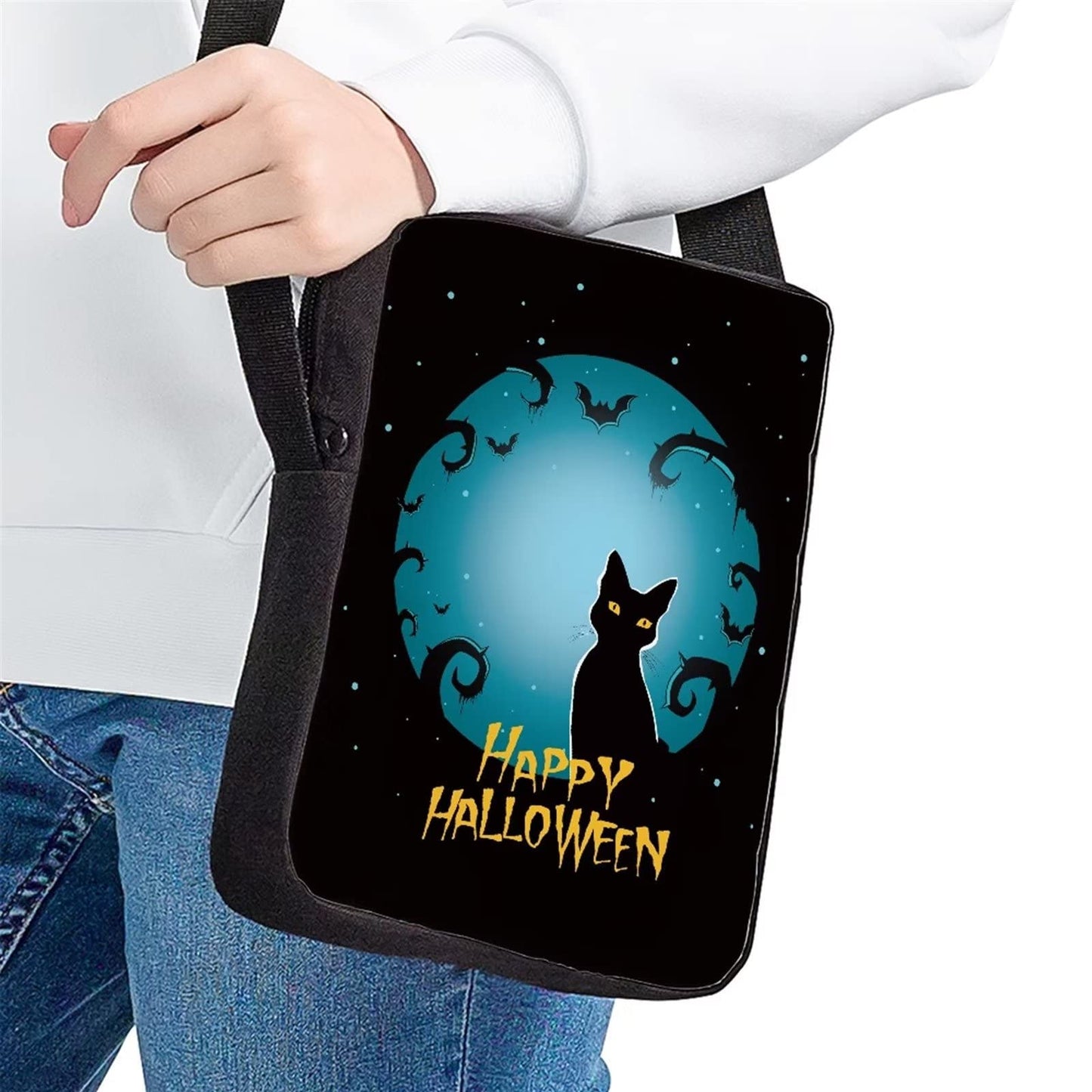 COEQINE Happy Halloween Cat Print Crossbody Messenger Bags for Women Girls,Casual Backpack Cellphone Purse Pouch Mini Shoulder Bag with Adjustabe Shoulder Strap