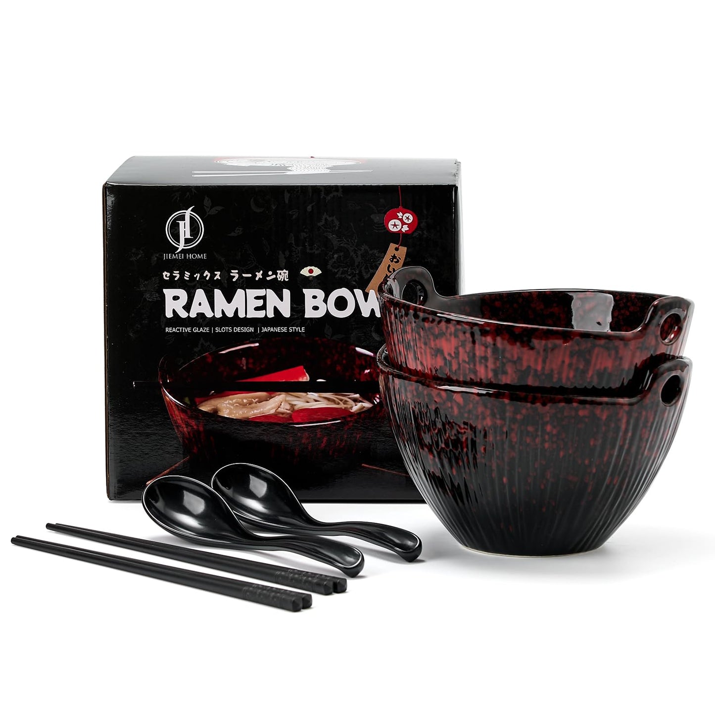 JH JIEMEI HOME Ramen Bowl with Chopsticks and Spoons, Ceramic Set of 2, Dishwasher Safe for Pho Udon Soba Noodle Salad Pasta, Special Reactive Glazed Crimson Bowls Set
