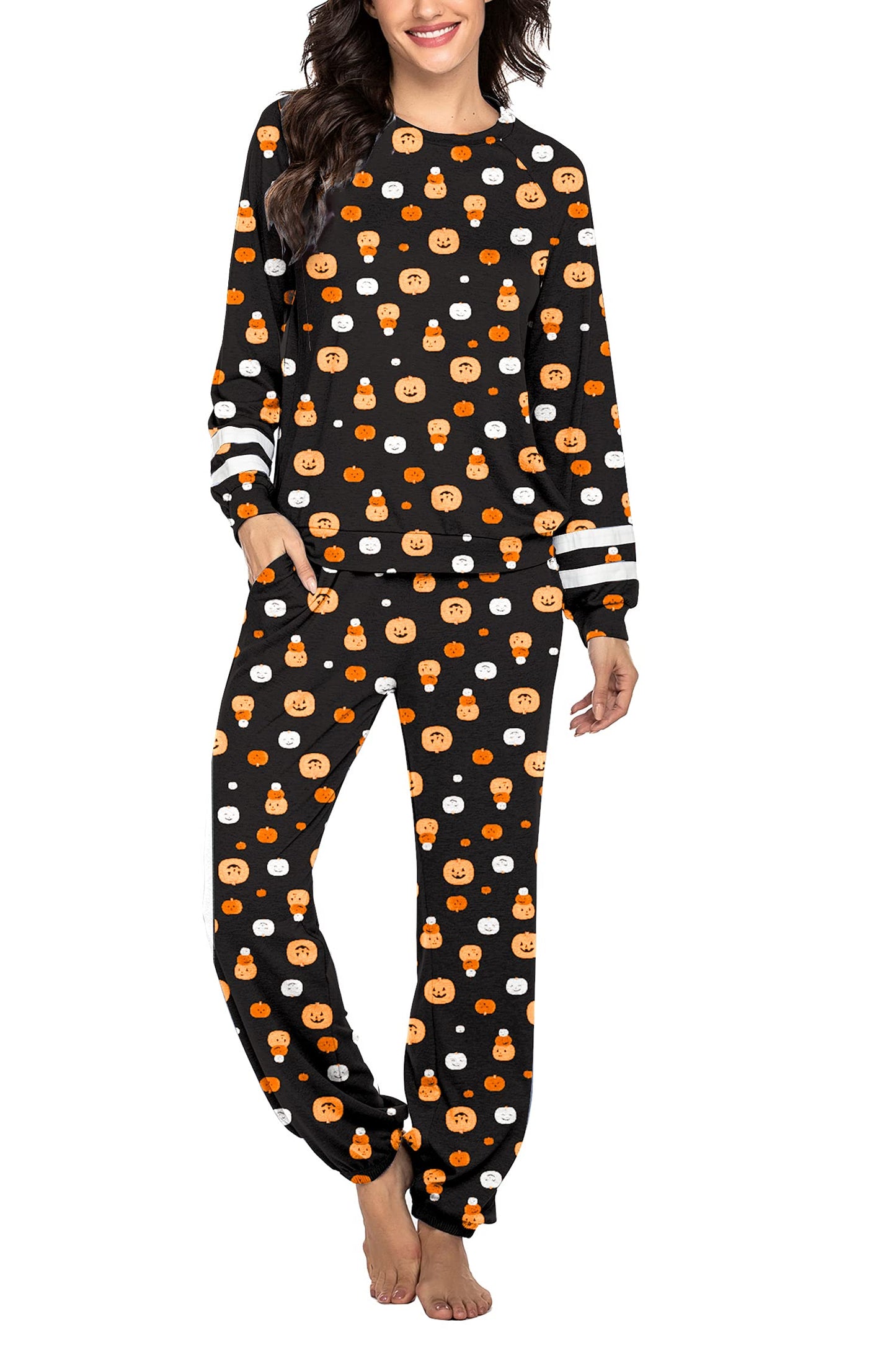 Ekouaer Sweatsuits Womens Loungewear Set Tracksuit Long Sleeve Pajamas Set with Pockets 2 Piece Outfits Lounge Sets Halloween Pumpkin Small