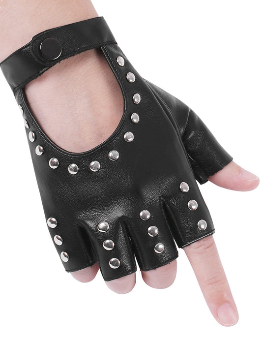 FLORVIV Black Fingerless Gloves PU Faux Leather Goth Cosplay Costume Punk Halloween Performance for Women