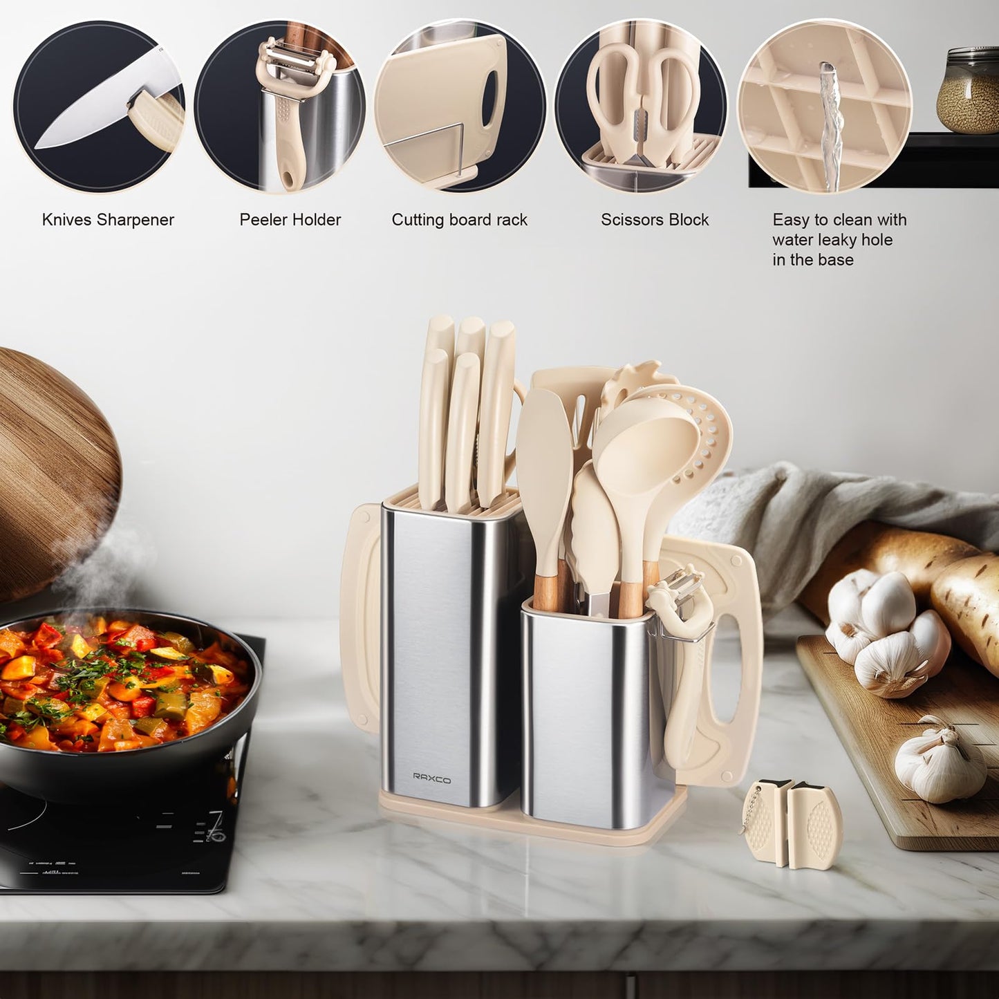 RAXCO Kitchen Utensils Set,18-Piece Cooking Tools and Sharp Knives,Stainless Steel Holder and Cutting Board