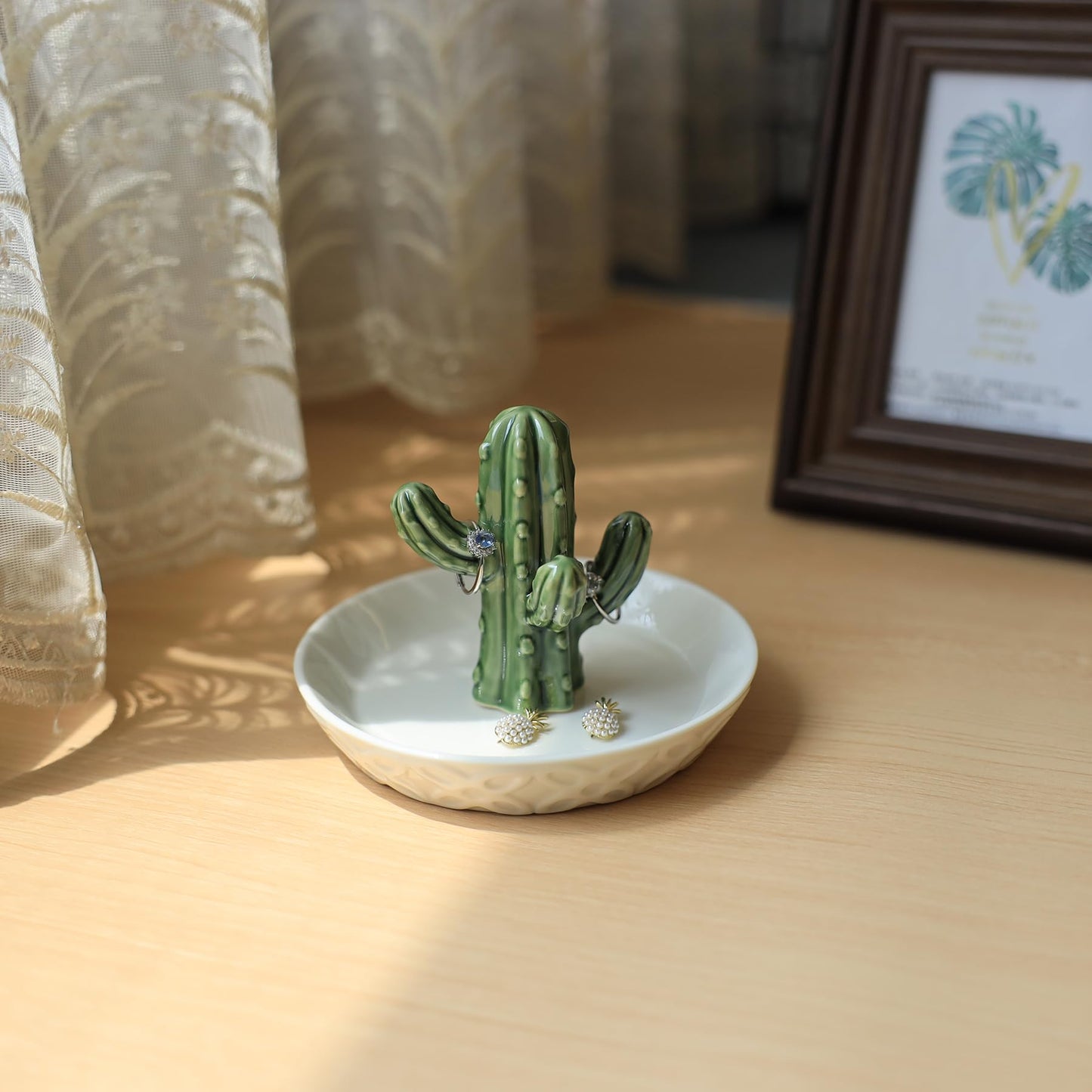 HOME SMILE Ceramic Cactus Ring Holder Cactus Ring Dish for Jewelry Cactus Decor for Friend Sister Birthday Wedding Anniversary Bridal Engagement Valentine's Gift for Women