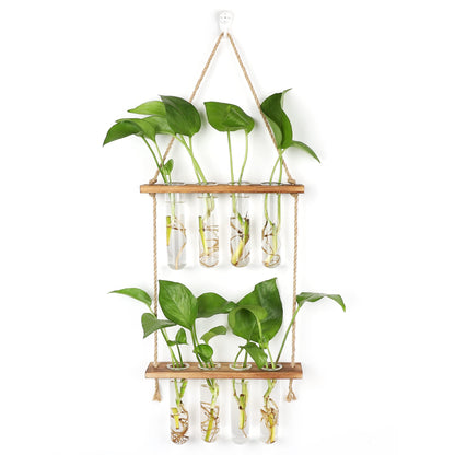 HYINDOOR Wall Hanging Planter Terrarium 2 Tired Test Tube Vase Glass Planter Plant Propagation Station Plant Hangers of Rope with Wooden Stand and 8 Tubes for Hydroponic Plant Cutting