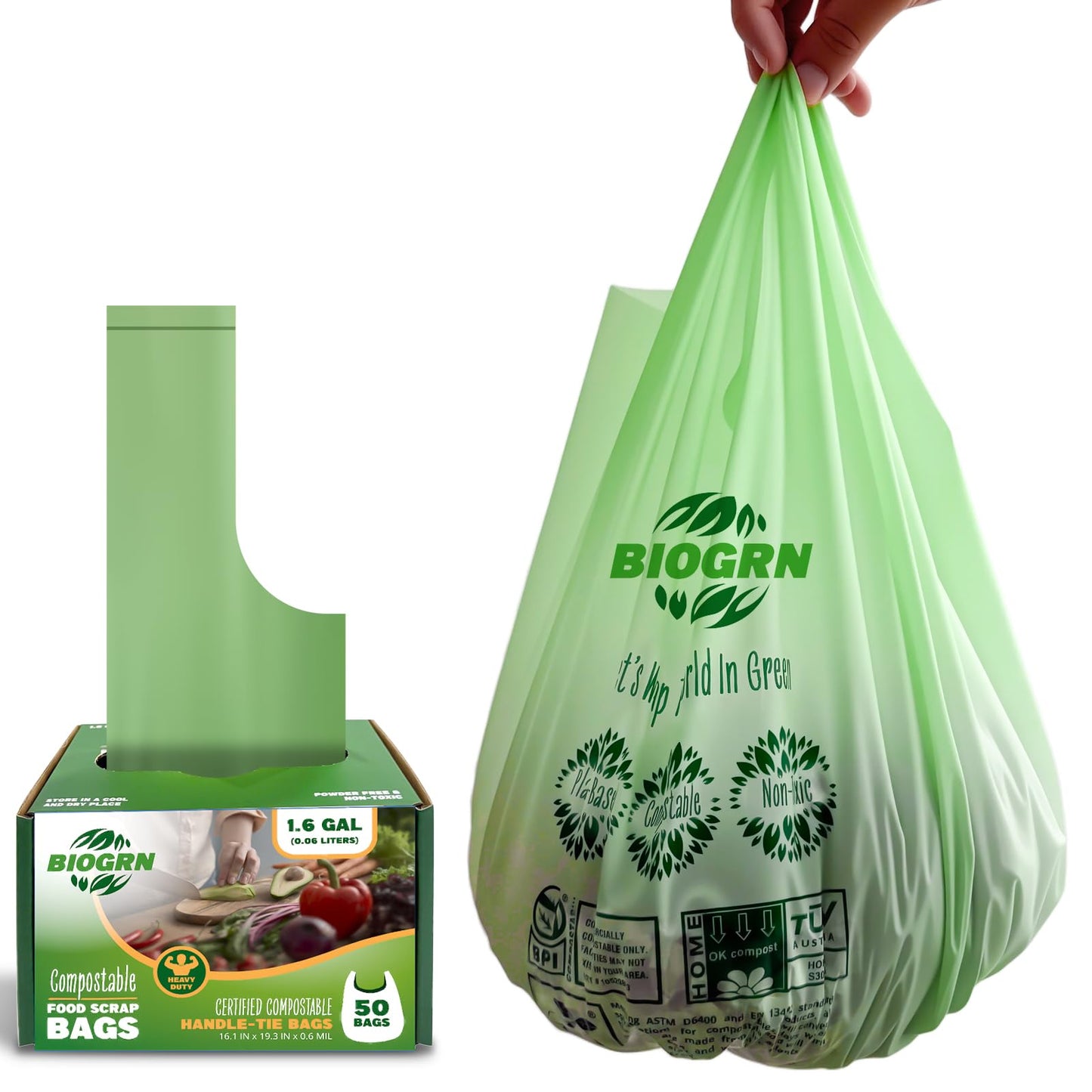 Compostable Trash Bags 1.2-1.6 Gallon Handle Tie 50 Count 0.6 Mil 6.06 Liter Small Compost Bags for Countertop Bin Biodegradable Bags Green for Kitchen ASTM D6400 & BPI Certified, OK Compost Home
