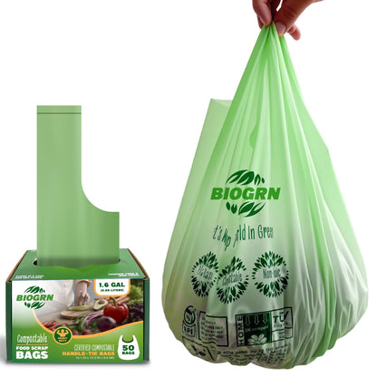 Compostable Trash Bags 1.2-1.6 Gallon Handle Tie 50 Count 0.6 Mil 6.06 Liter Small Compost Bags for Countertop Bin Biodegradable Bags Green for Kitchen ASTM D6400 & BPI Certified, OK Compost Home