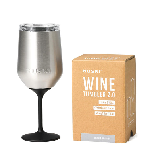Huski Wine Tumbler 2.0 | NEW | Award-winning Design with Detachable Stem | Premium Stainless Steel Wine Glass with Lid | Triple Insulated Tumbler | 12oz Capacity | Great Gift (Brushed Stainless)