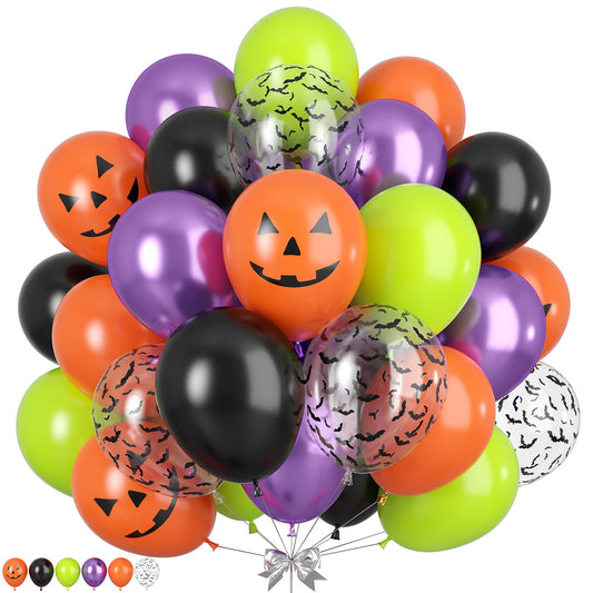 Halloween Party Balloons, Black Orange Green Purple Party Balloons, Metallic Purple Balloon Bat Pumpkin Head Printed Balloon for Halloween Birthday Baby Shower Home Garden Party Decoration