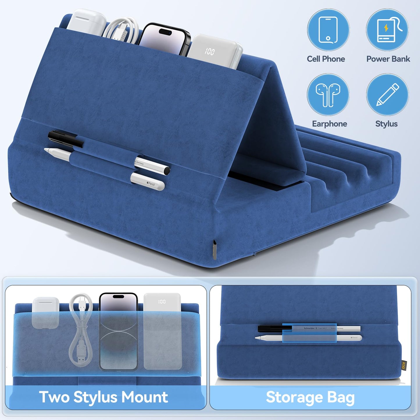 KDD Tablet Pillow Holder, Foldable iPad Stand for Lap, Bed and Desk -Tablet Soft Pad Dock with Pocket & Stylus Mount Compatible with iPad Pro 12.9, 10.5, 9.7 Air Mini 6 5 4 3, Galaxy Tab,E-Reader