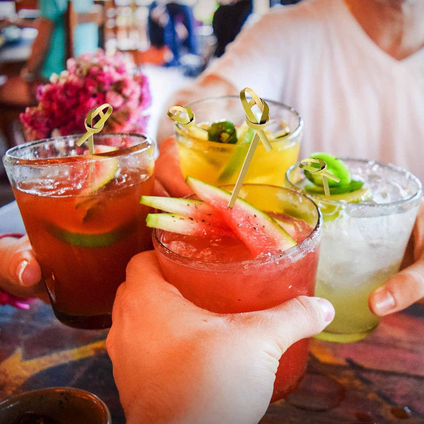 200PCS Cocktail Picks Bamboo Skewers for Appetizers, Fancy Toothpicks for Appetizers, 4.7 Inch Long Decorative Knot Bamboo Cocktail Sticks for Party Drinks Food Fruit Charcuterie Boards Accessories