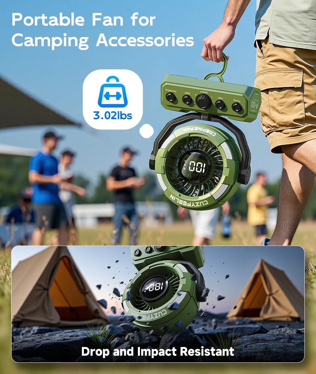 CuzyFeelin Portable Fan Rechargeable - Versatility Camping Fan with LED Lantern & Hook - USB Battery Powered, Cordless, 15-80H, 100 Speeds, 180° Oscillation - for Table, Outdoor, Tent, Travel - Green