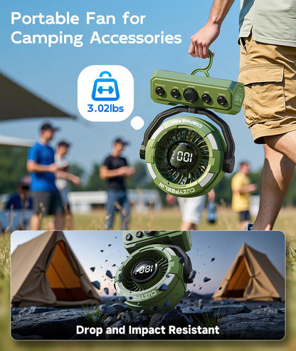CuzyFeelin Portable Fan Rechargeable - Versatility Camping Fan with LED Lantern & Hook - USB Battery Powered, Cordless, 15-80H, 100 Speeds, 180° Oscillation - for Table, Outdoor, Tent, Travel - Green