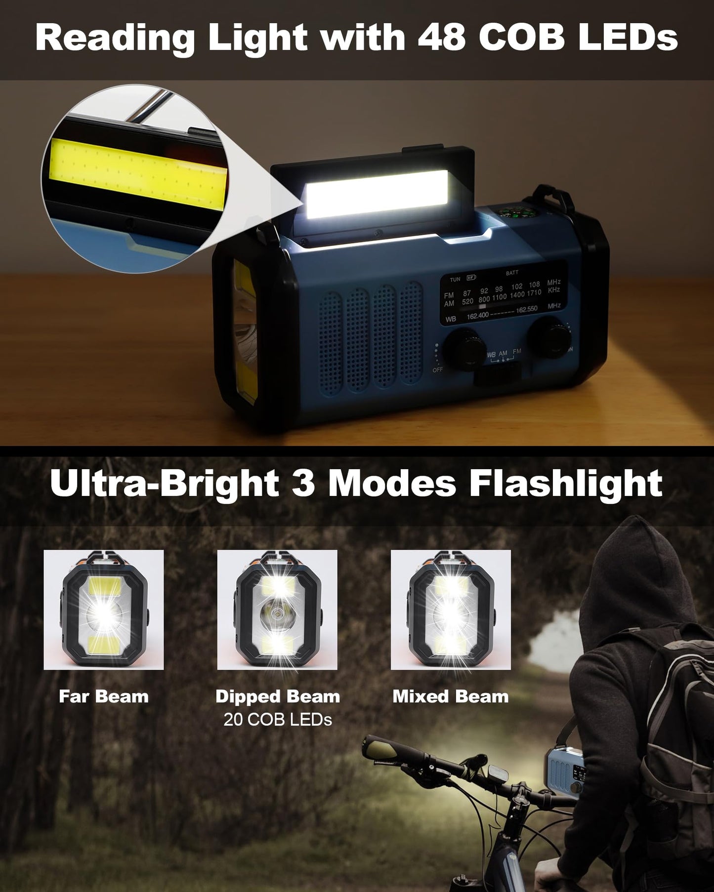 13000mAh Emergency Radio with NOAA Weather Alert, Portable Solar Hand Crank AM/FM Radio for Survival, Rechargeable Battery Powered, USB Charger, Flashlight, Reading Lamp, for Home Outdoor