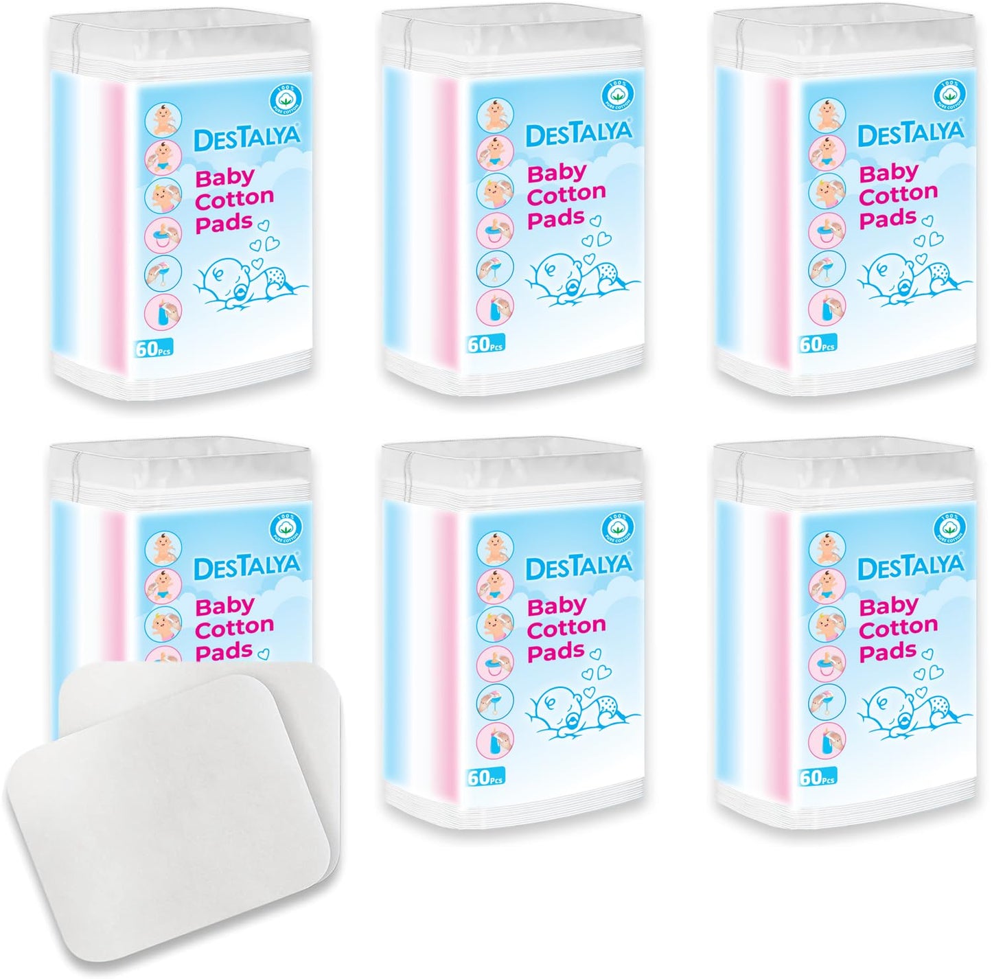 DESTALYA Baby Cotton Pads for Diaper Change | Large Cotton Squares for Sensitive Skin | Disposable Cleansing Wipes | Soft Washcloths for Personal Care, Makeup Removal (Maxi Pads 360)