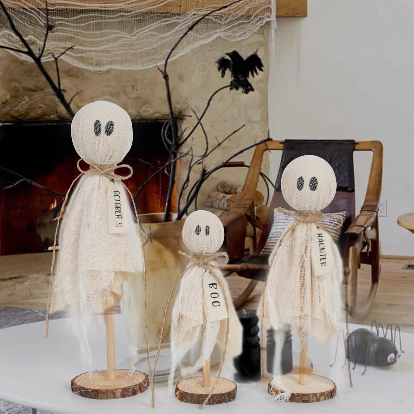 DAZONGE Halloween Decorations Indoor - Set of 3 Primitive Halloween Ghosts on Wooden Stand for Table Centerpieces, Shelves, and Mantels