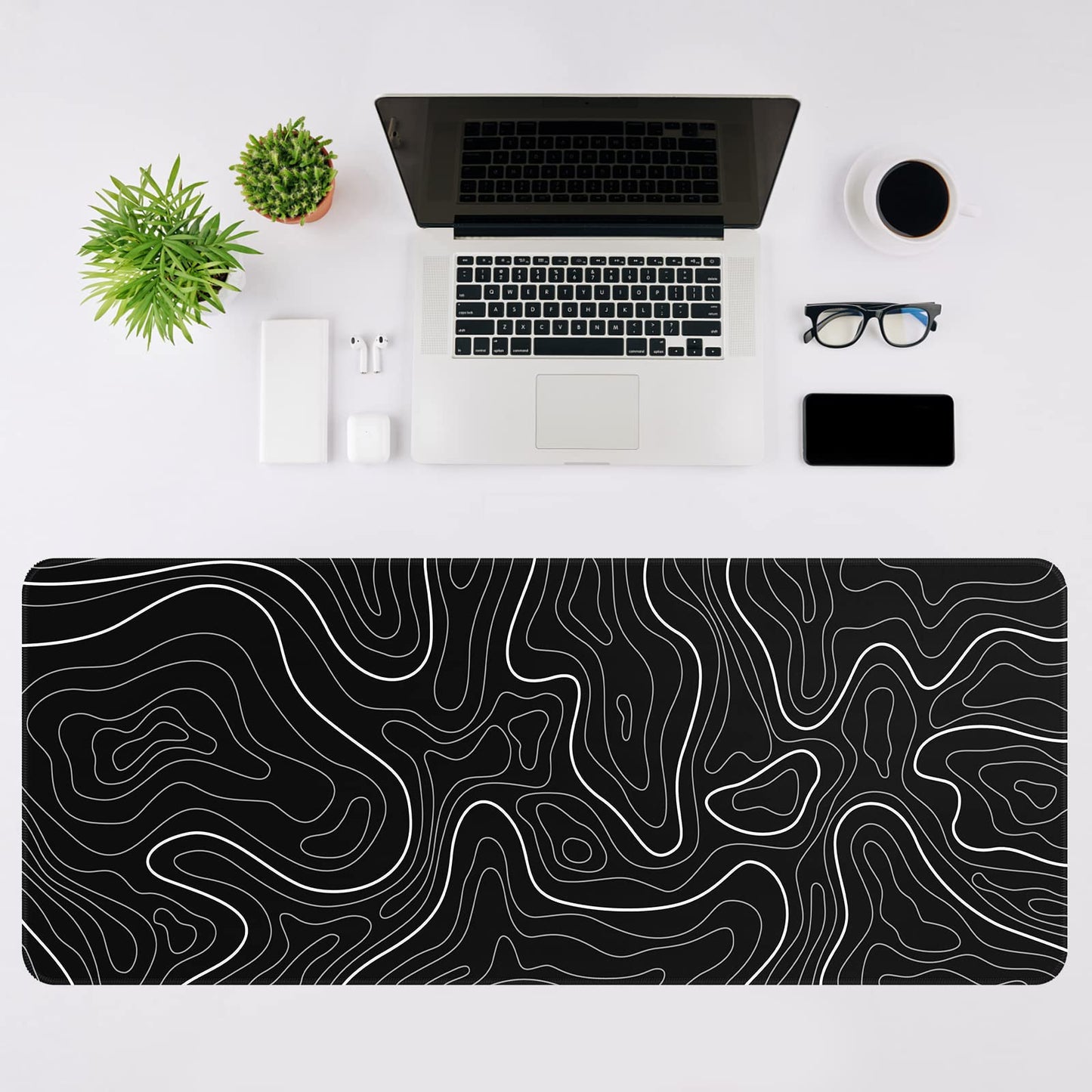 DIGSOM Mouse Pad Gaming Mousepad 31.5 x 11.8in Large Mouse Pad for Keyboard and Mouse with Anti-Slip Rubber Base, Keyboard Pad XL Mouse Mat for Home and Office（Black with White Topographic Line）