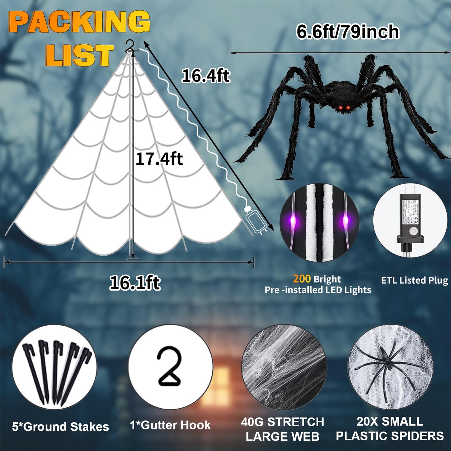 Halloween Decorations Outdoor, 200 LED Halloween Giant Spider Web Lights, 16.4Ft Lighted Spider Web Light up for Yard Haunted House Decor
