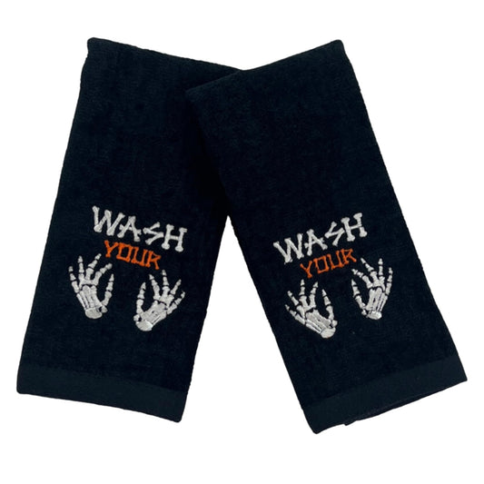 Halloween Fingertip Bathroom Towels Set of 2 – 12" x 18" Black 100% Cotton with Funny “Wash Your Hands or Bones” Design – Spooky & Humorous Bathroom and Kitchen Decor