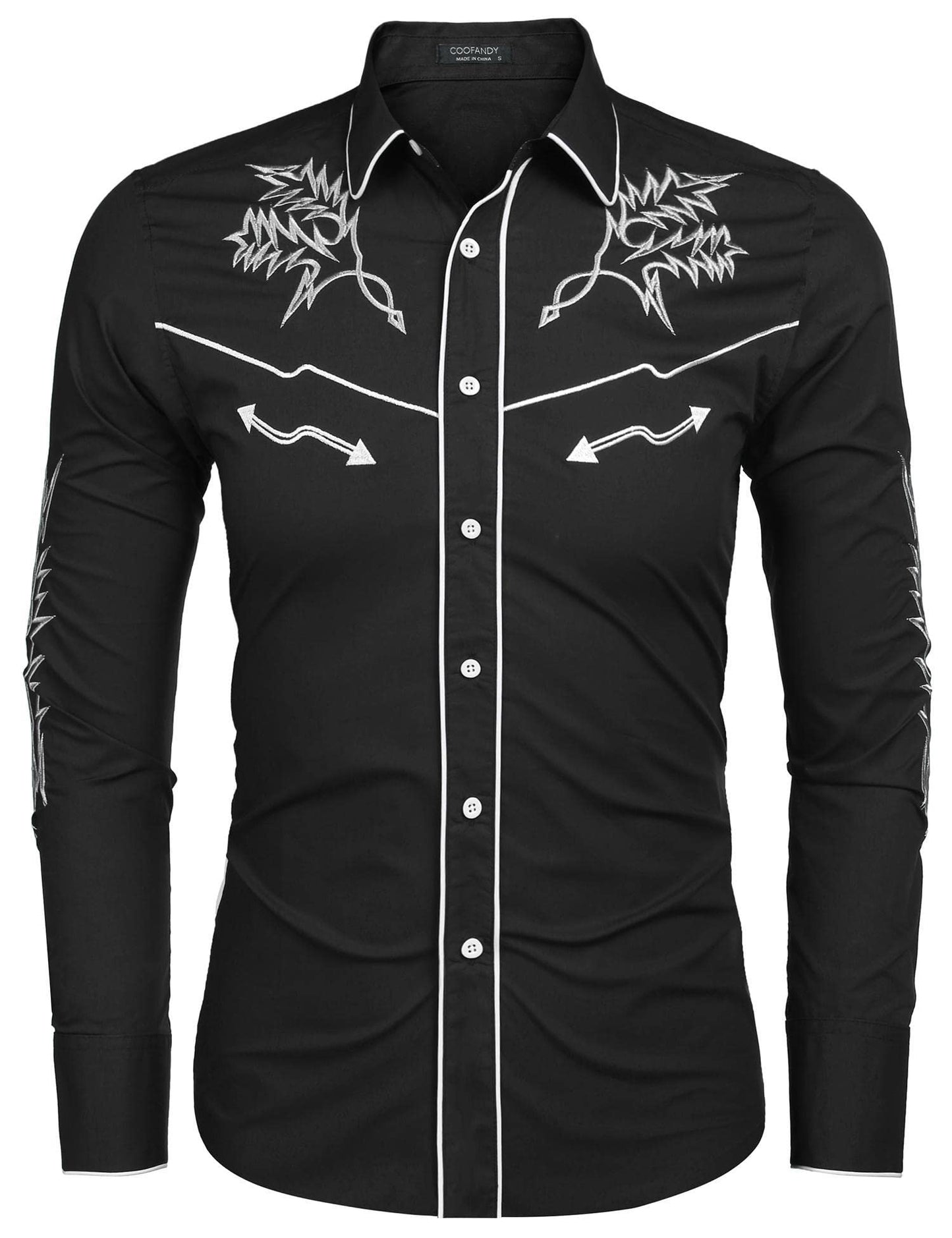 COOFANDY Mens Western Cowboy Shirt Embroidered Denim Long Sleeve Casual Button Down Shirt Black, Large