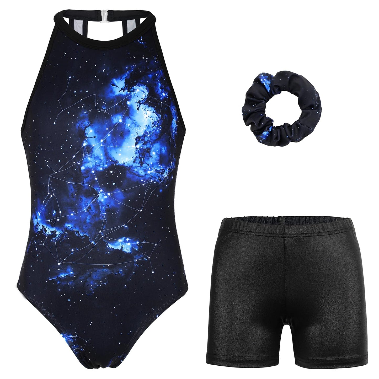 JOYSTREAM Gymnastics Leotards for Girls With Shorts Sparkly Ballet Dance Clasp Back Activewear Black Planisphere,6-7Years