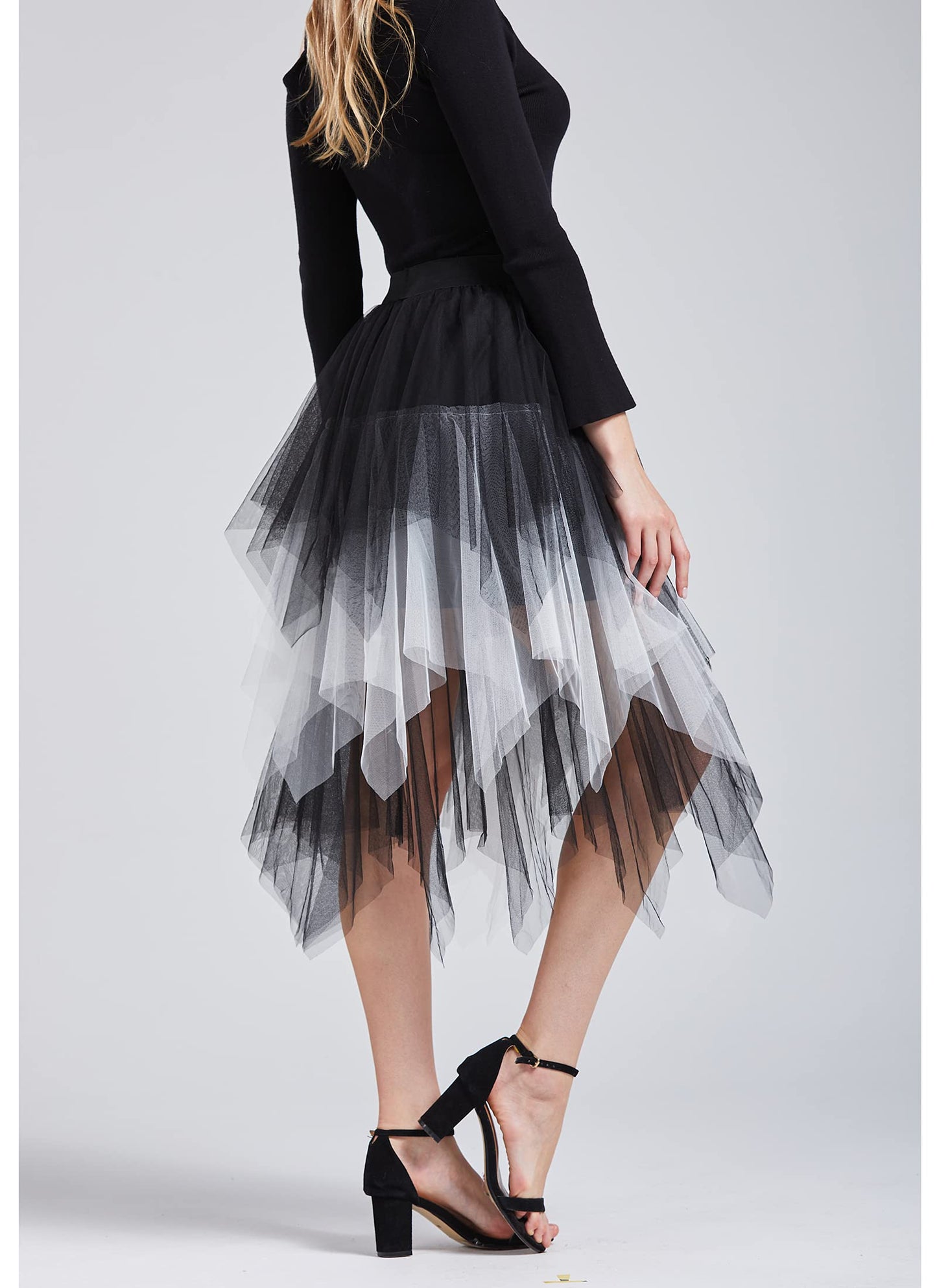 LBKKC Tulle Skirts for Women, White and Black Halloween Puffy Skirt Asymmetrical Midi Length Ruffled Tutu Layered Mesh Fairy Skirt
