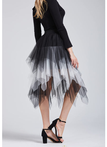 LBKKC Tulle Skirts for Women, White and Black Halloween Puffy Skirt Asymmetrical Midi Length Ruffled Tutu Layered Mesh Fairy Skirt