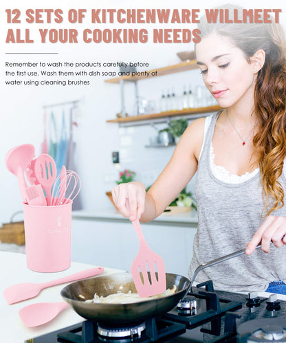 Kitchen Utensils Set-12 Pieces Silicone Cooking Utensils Set (Dishwasher Safe) 392°F Heat Resistant Spatula Set, Nonstick Cookware