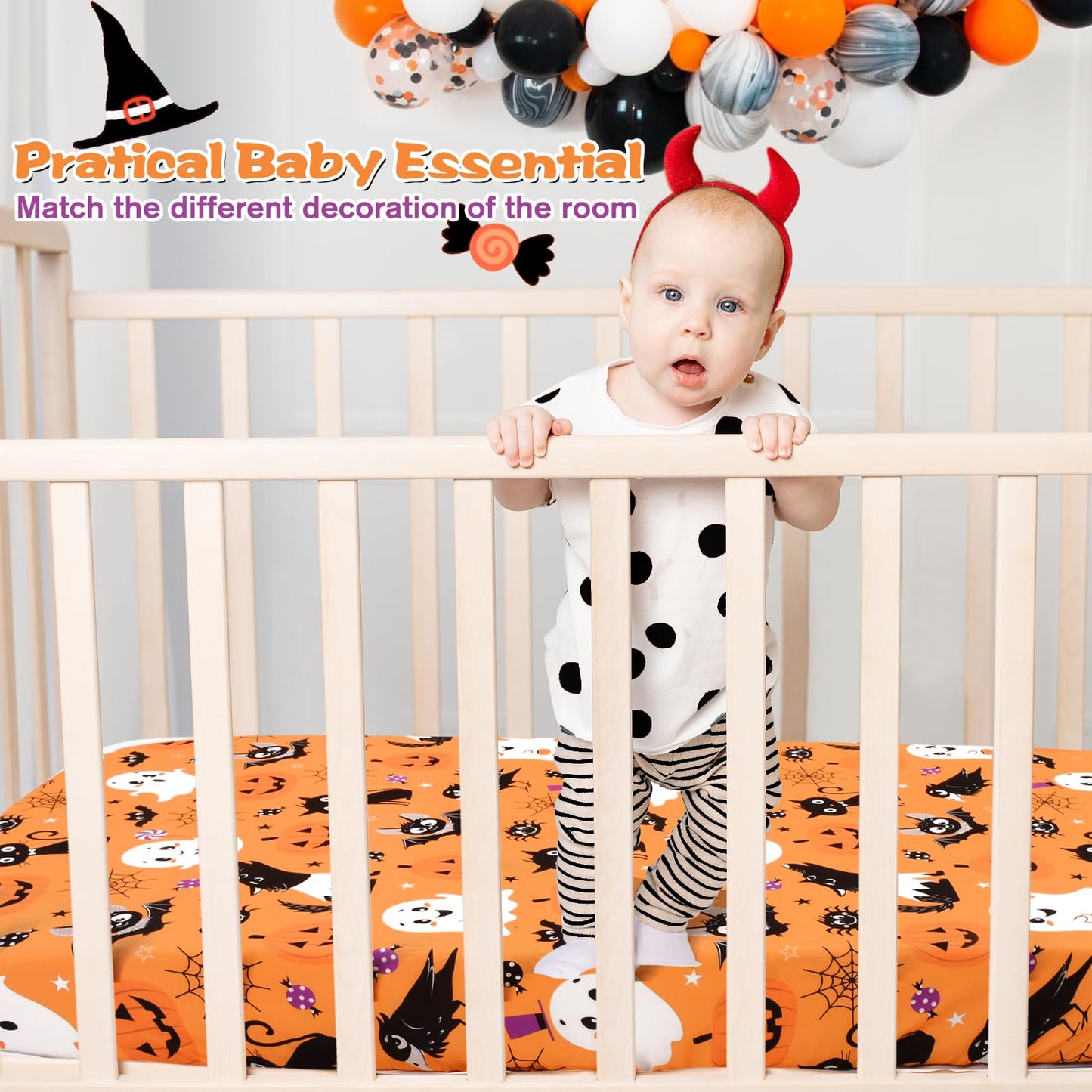 JISEN Halloween Crib Sheet Bats Fitted Crib Sheet for Boys Girls Crib Mattress Cover Baby Sheet for Standard Crib and Toddler Mattress Soft Breathable Baby Bed Sheet for Neutral 52x28 Inch Ghosts