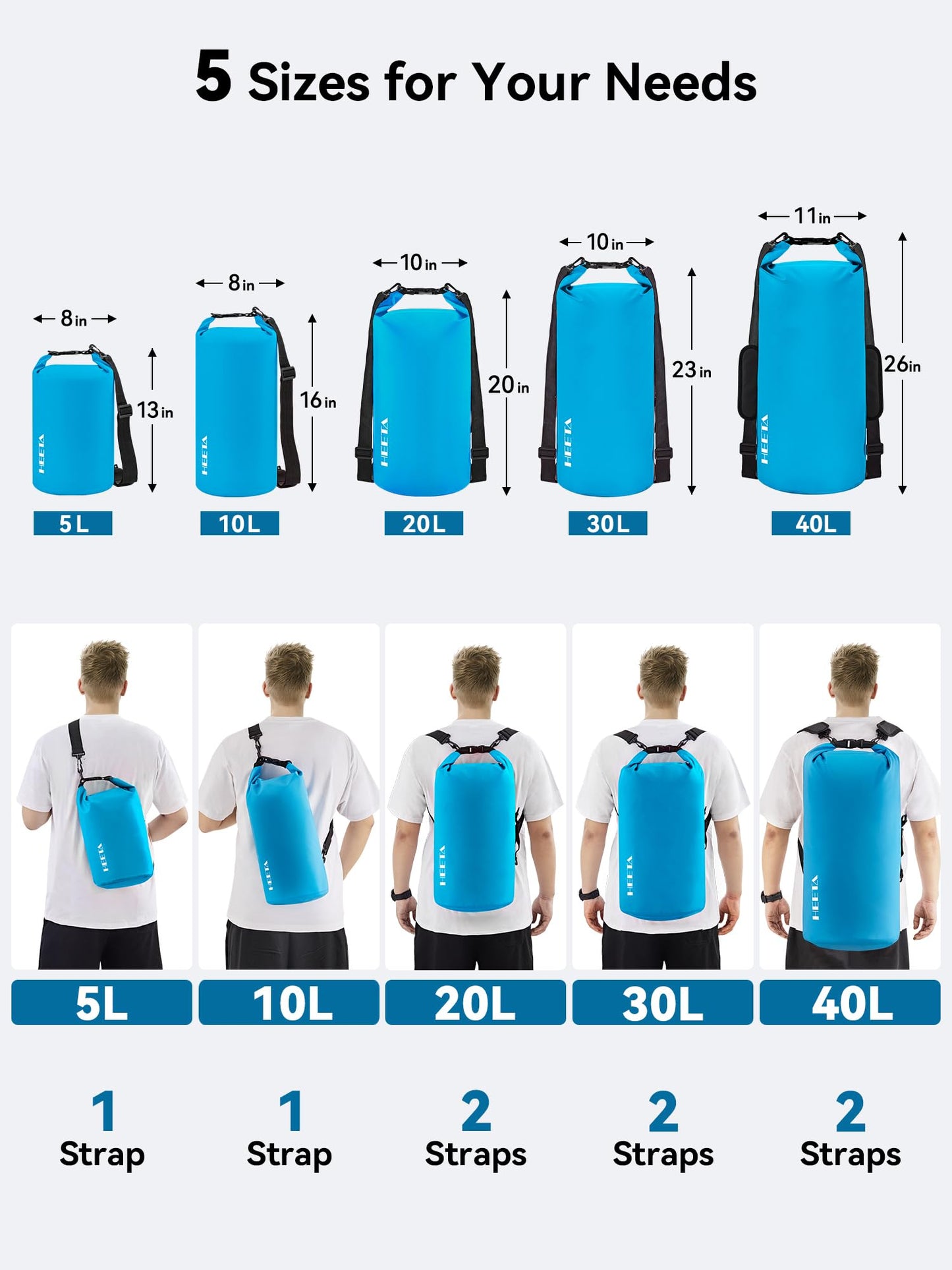 HEETA Waterproof Dry Bag for Women Men (Upgraded Version), Roll Top Lightweight Dry Storage Bag Backpack with Emergency Whistle for Travel, Swimming, Boating, Kayaking, Camping, Beach (Blue, 10L)