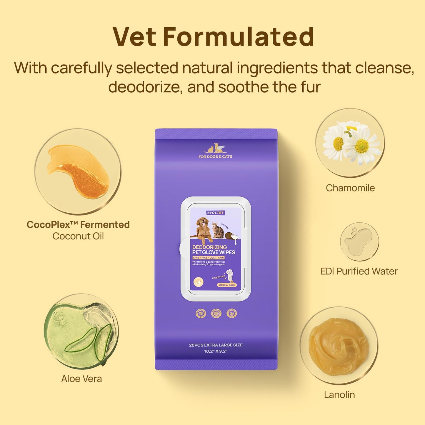 HICC PET Cleaning Deodorizing Glove Wipes for Dogs & Cats, Vet Recommended Hypoallergenic Pet Cleaning and Hydrating Glove Wipes, Nourish Fur Coconut Oil Pet Bathing Wipes for Horse Coat Care