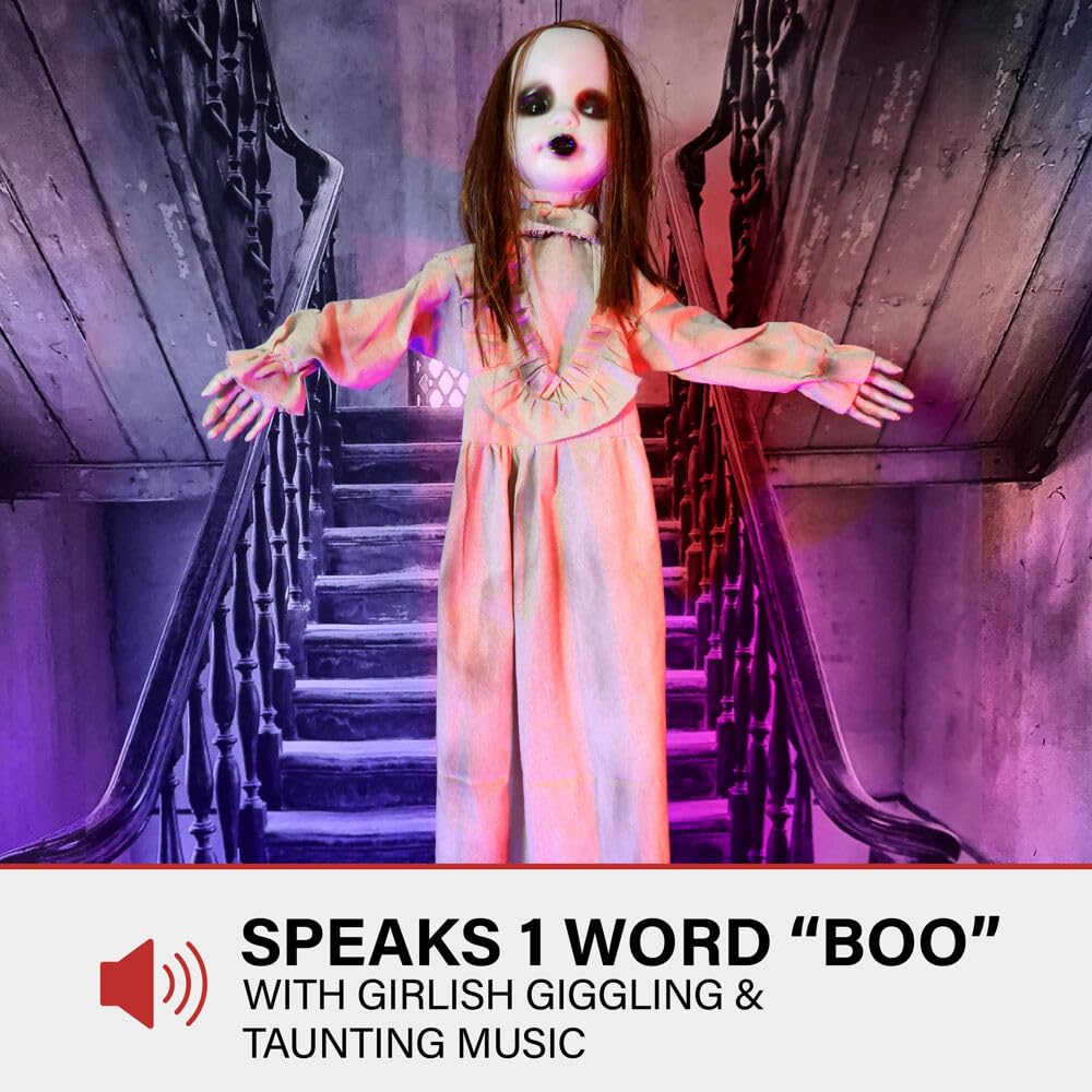 Haunted Hill Farm Floating, Talking Zombie Girl Animatronic with Blue Chest Light for Scary Free-Hanging Halloween Decoration,5 x 16 x 47