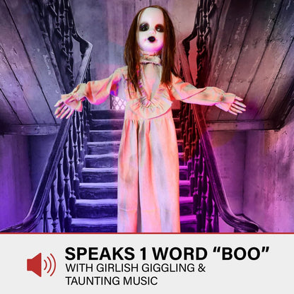 Haunted Hill Farm Floating, Talking Zombie Girl Animatronic with Blue Chest Light for Scary Free-Hanging Halloween Decoration,5 x 16 x 47