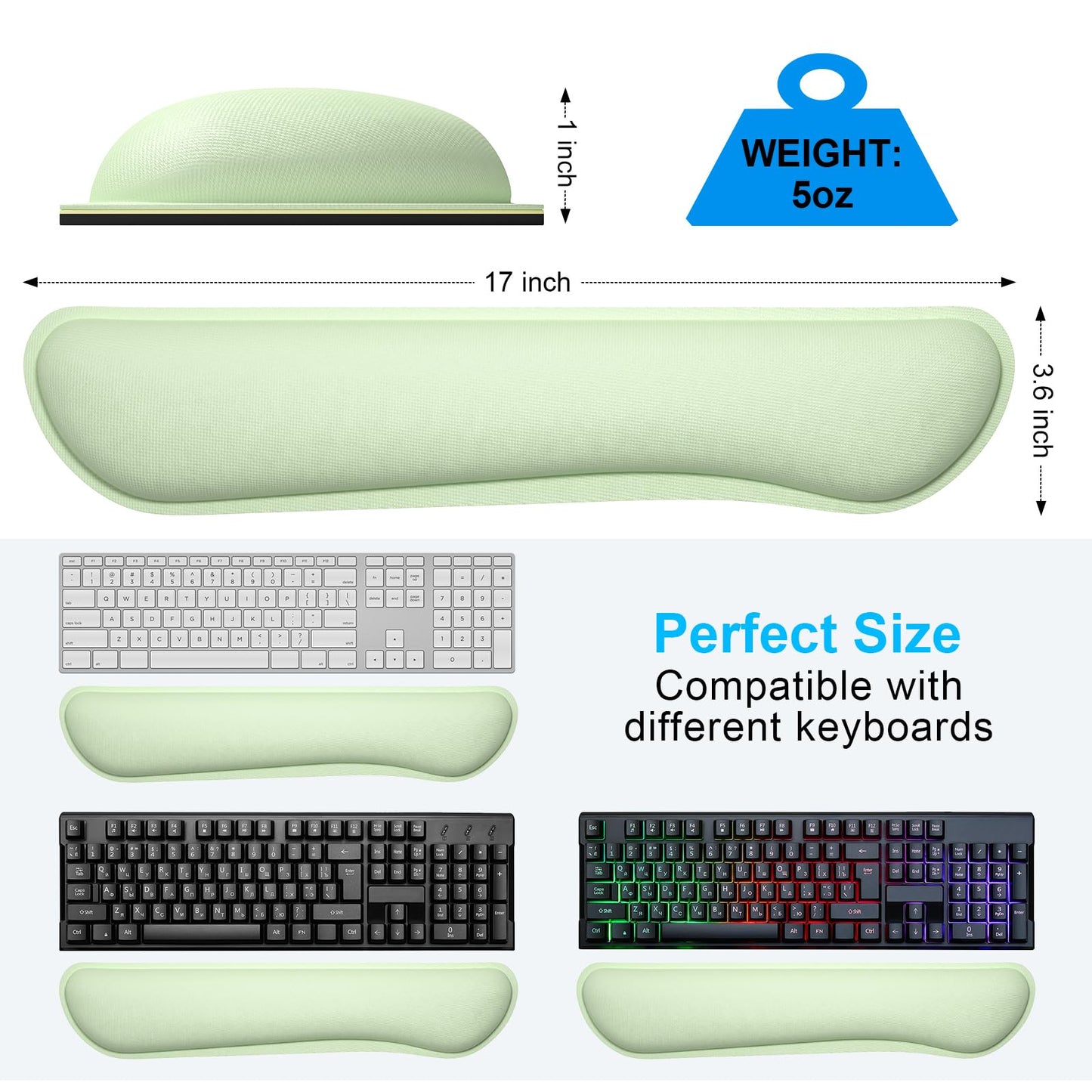 Dapesuom Enlarge Keyboard Wrist Rest, Memory Foam Keyboard Wrist Cushion for Computer Desk Mats Support, Typing Pain Relief Ergonomic Mouse Pad Rests with Non-Slip Base for Gaming, Laptop, Lake Green