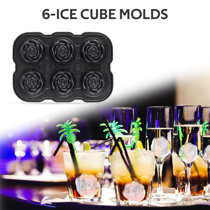 Ice Cube Tray, Mikiwon 2 inch Rose Ice Cube Trays With Covers, 6 Cavity Silicone Rose Ice Ball Maker, Easy Release Large Ice Cube Form for Chilled Cocktails, Whiskey, Bourbon & Homemade Juice Black
