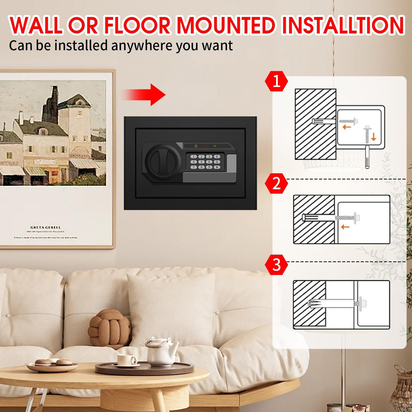 1.2 Cubic Feet Small Fire Safe Box for Home, Fireproof Lock Box, Security Money Safe with Digital Keypad, Spare Keys and Removable Shelf, Personal Home Safes for Money, Jewelry, ID Documents