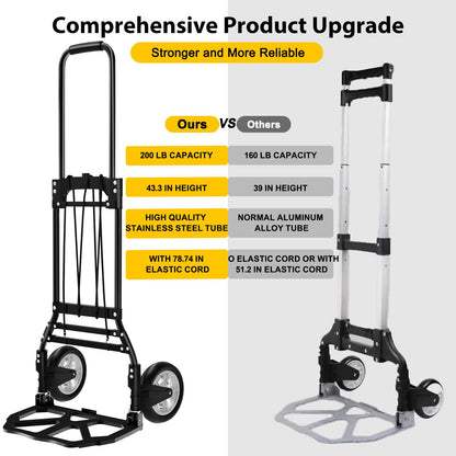 Folding Hand Truck and Dolly, 200 LB Capacity Upgraded Aluminum Dolly Cart, Extended Handle Portable Hand Truck for Travel, Moving, Shopping, Office Use, Black