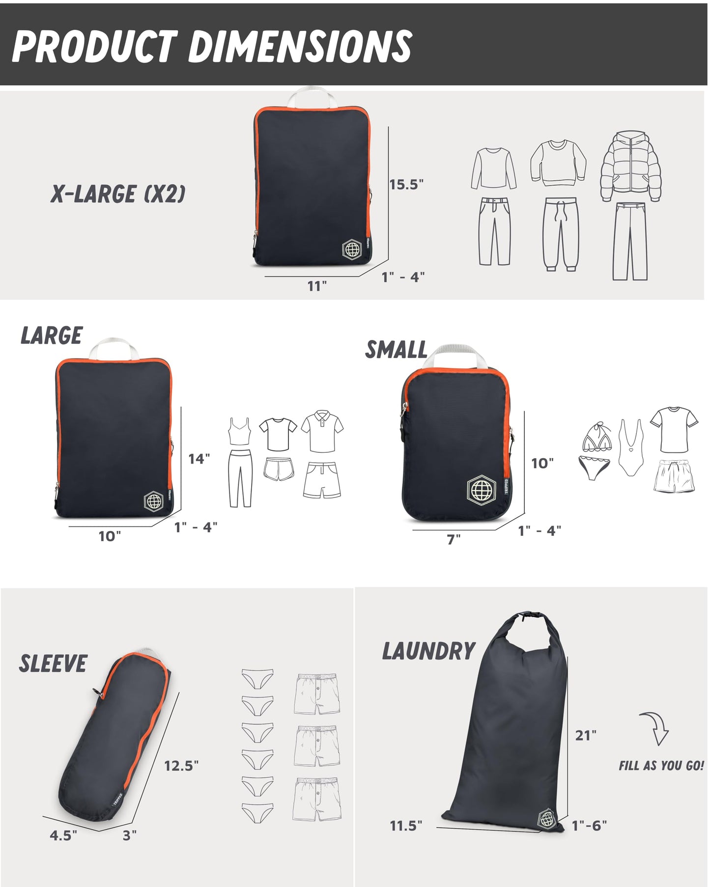 Large Compression Packing Cubes for Travel-Packing Cube Luggage Organizers 7 Piece Set for Checked Luggage-Ultralight, Expandable/Compression Bags by TRIPPED Travel Gear (Grey/Orange)