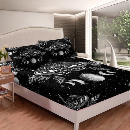 Erosebridal Gothic Moth Sheet Set Twin Size Skeleton Halloween Boho Death Moth Decor Flat Sheet Animal Skeleton Skull Bed Sheet Bohemian Sun and Moon Fitted Sheet with 1 Pillowcase