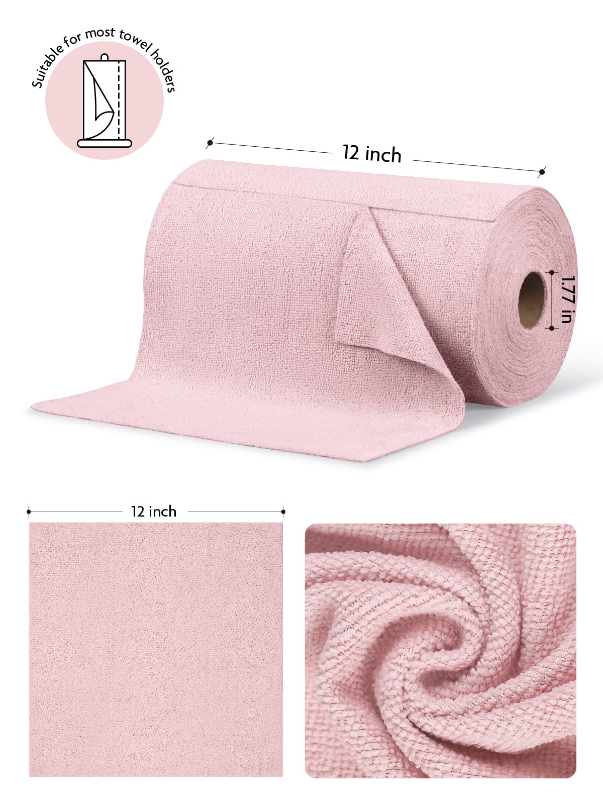 Fantasticlean Microfiber Cleaning Cloth Roll -75 Pack, Tear Away Microfiber Towels, 12" x 12", Reusable, Washable, Scratch Free, Ultra Absorbent Dish Rags for Car, Home, Garage or Shop (Pink)