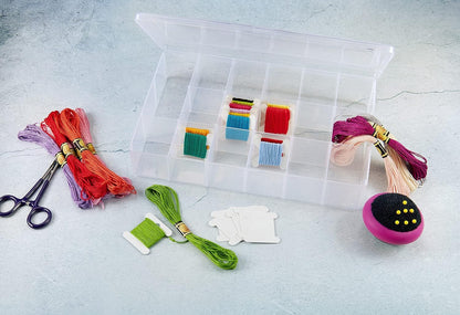 2PACK Embroidery Floss Organizer Box with 50 Cardboard Bobbins - 17 Compartments Clear embroidery thread and Beads organizer box, Snap-Tight Clear Sewing Organizer - Jewelry Bead Holder (Made in USA)