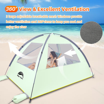 Happy Travel Beach Tent Sun Shelter for 3/4/5/6/7/8 Person, Portable UPF 50+ UV Protection Beach Shade Canopy for Family & Baby, Lightweight & Easy Setup Beach Cabana with 3 Ventilation Mesh Windows