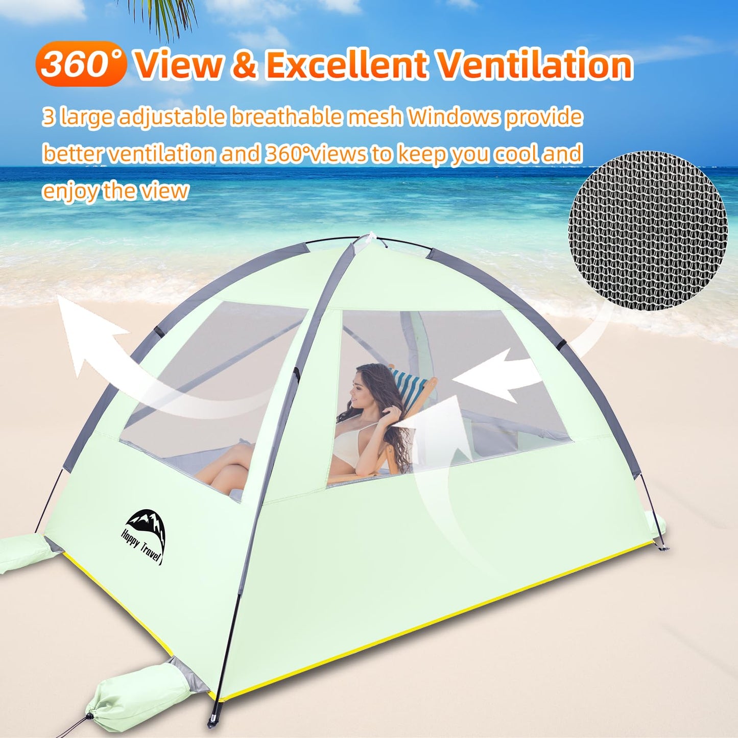 Happy Travel Beach Tent Sun Shelter for 3/4/5/6/7/8 Person, Portable UPF 50+ UV Protection Beach Shade Canopy for Family & Baby, Lightweight & Easy Setup Beach Cabana with 3 Ventilation Mesh Windows